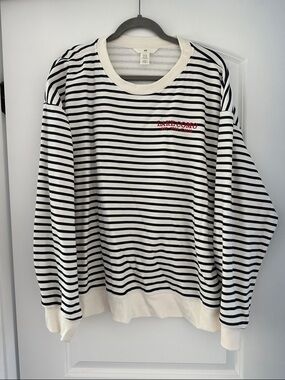 H&M White and Black Striped Crewneck Sweater with Red Embroidered Logo